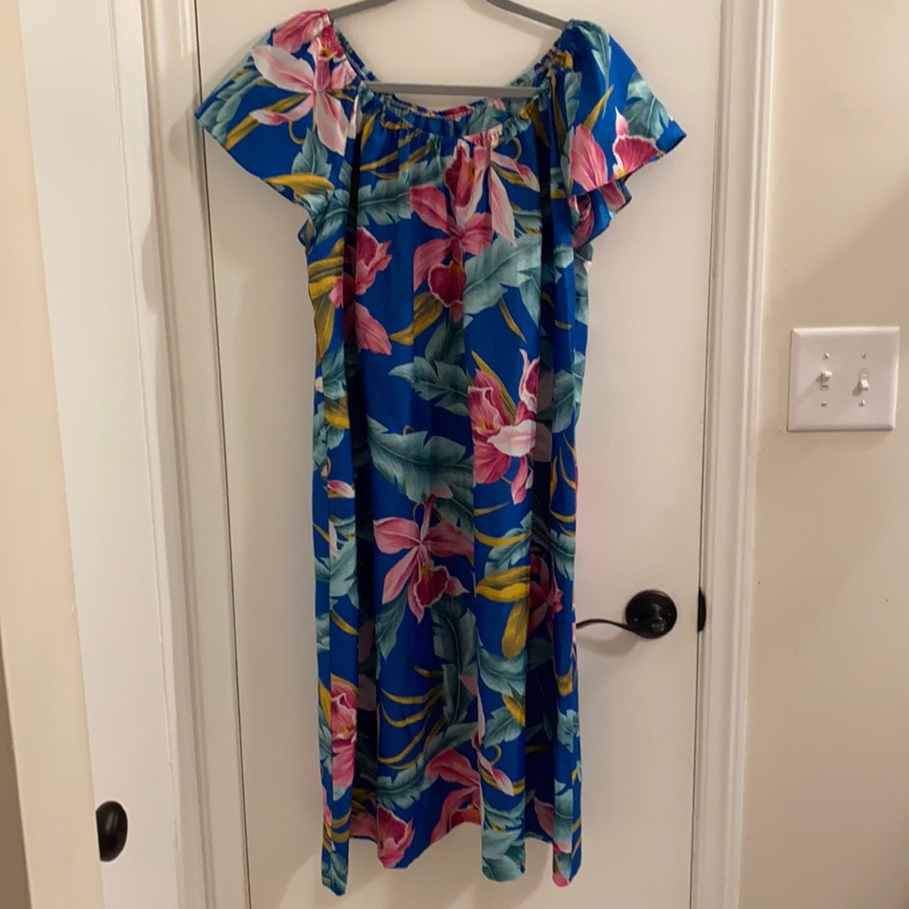 VTG Hilo Hattie Hawaiian Blue Pink Mumu Kaftan XL